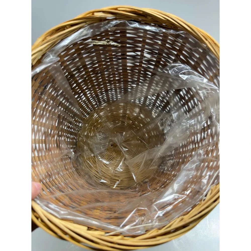 Woven Wicker Wastebasket Planter Two Tone Brown Tan Round Basket with Liner 10in